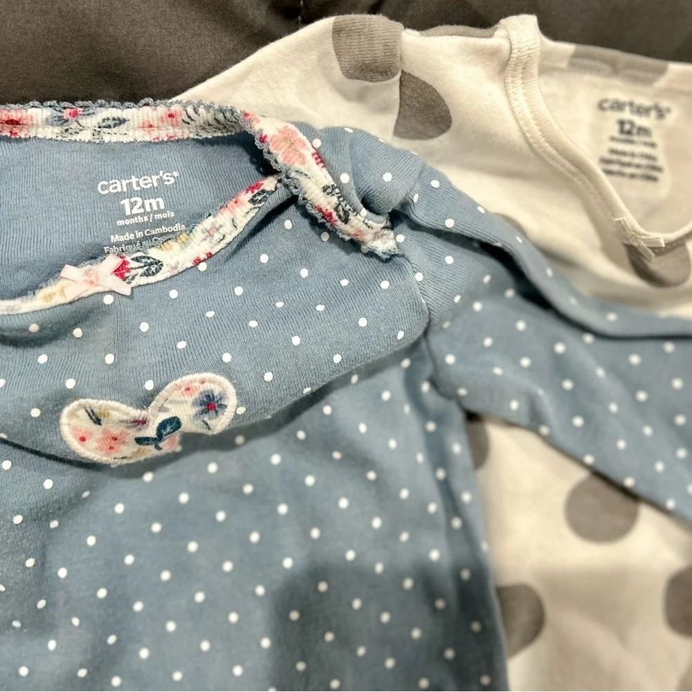Carter’s Baby Girls Long Sleeve Onesies Set 12M Polka Dot Floral EUC